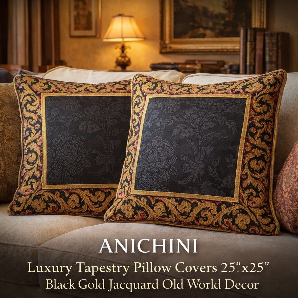 Pair ANICHINI Luxury Tapestry Pillow Covers 25”x25” Black Gold Jacquard.